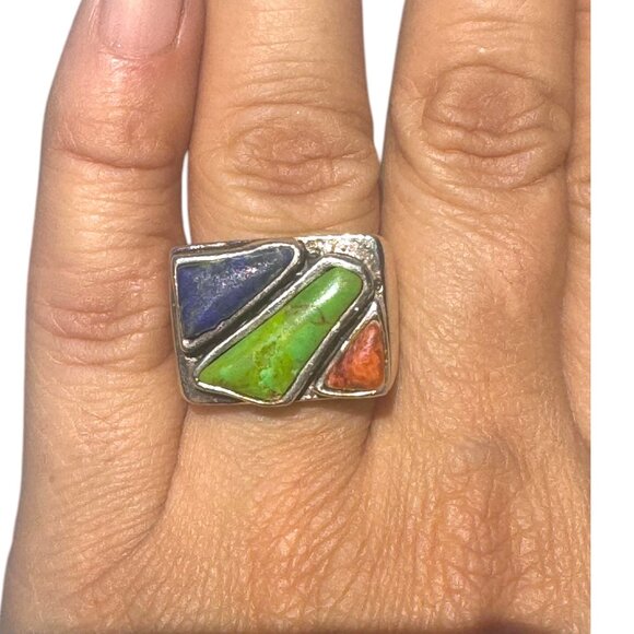 Native American Gaspeite Coral Lapis Sterling Silver Statement Ring Size 8 - Picture 7 of 9